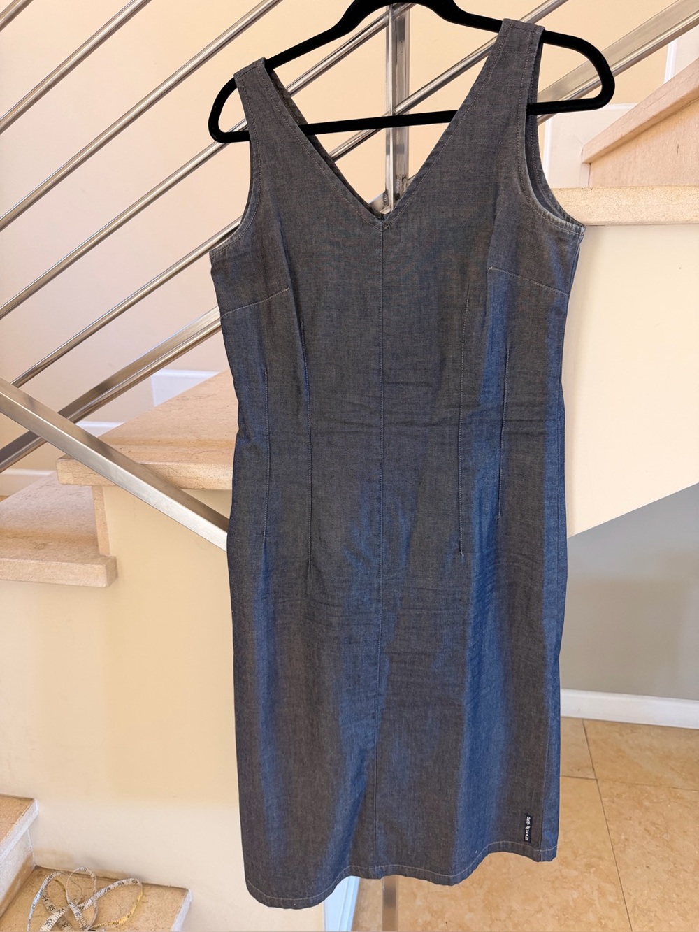 Vintage DKNY Charcoal Grey V-Neck Midi Sheath Dress